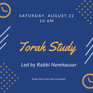 Torah Study led by Rabbi Nemhauser Saturday August 22 and 10am. Zoom link will be sent via email